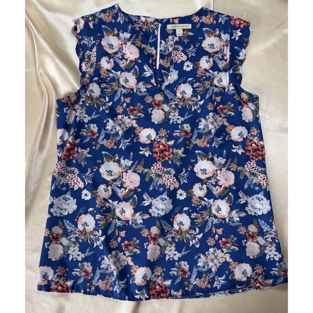 41 Hawthorn Women’s Floral Blouse Top Blue Flutter Sleeve V-Neck Size M
